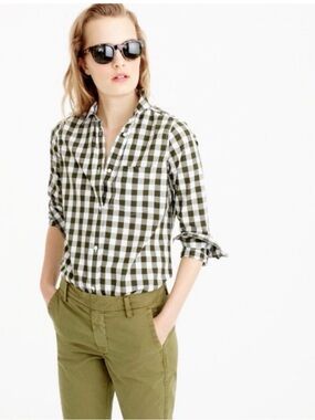 J. Crew Olive and White Gingham Button-Down Shirt